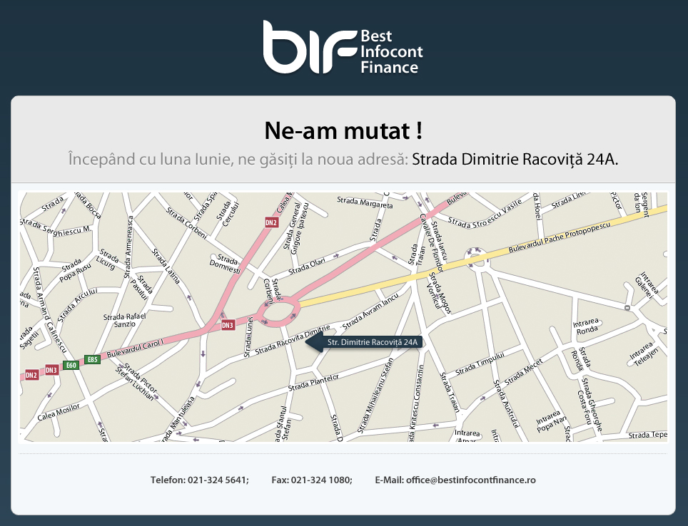 Ne-am mutat din Iulie. Ne gasiti la noua adresa: Strada Dimitrie Racovita 24A